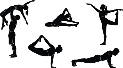 High Energy Cheerleader Silhouette Collection, Female Figures Performing Jumps, Splits, Kicks, and Pom-Pom Routines for School Sport, Competition, and Team Spirit Vector Isolated.