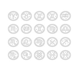 Detailed set of 12 astrological zodiac symbols in modern line art style. Ideal for horoscopes, mystic themes, cosmic designs, and digital content creation.
