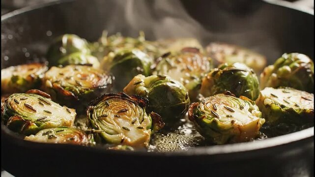 Fresh Brussels sprouts sizzling in a cast-iron skillet, surrounded by steam in a cozy kitchen