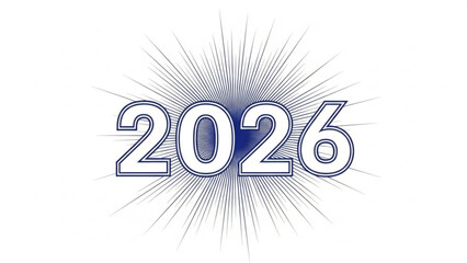 Bold outline of the year 2026 with a radiating starburst pattern in dark blue against a clean white background symbolizing future celebration and new beginnings