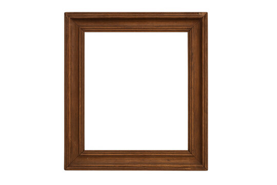Empty antique wooden picture frame with rectangular shape and brown texture on transparent background
