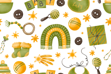 Seamless pattern things for newborns. Clothing, pyramid, balloon, toy, rainbow pacifier, star, flag, bathing, furniture. Print textile background. In cartoon hand drawn watercolor style