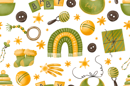 Seamless pattern  things for newborns. Clothing, pyramid, balloon, toy, rainbow pacifier, star, flag, bathing, furniture. Print textile background.  In cartoon hand drawn watercolor style