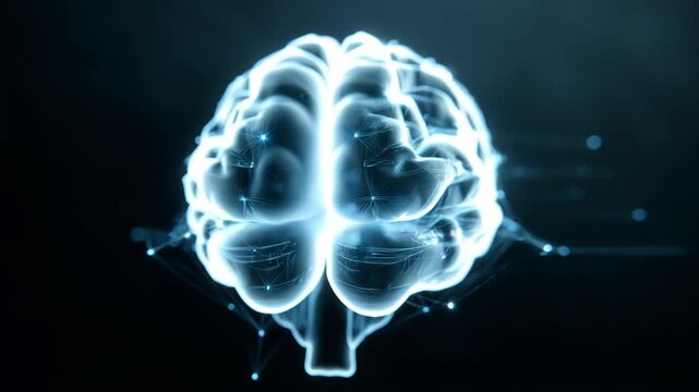 Ultra HD Abstract glowing blue human brain visualization with interconnected digital network nodes and lines on a dark background video neural activity video 3d brain video