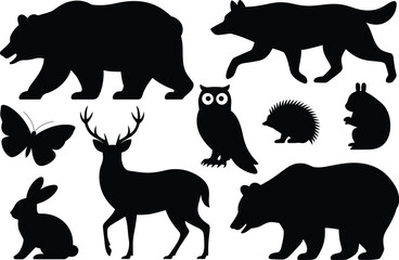Forest animals silhouette collection black and white illustration
