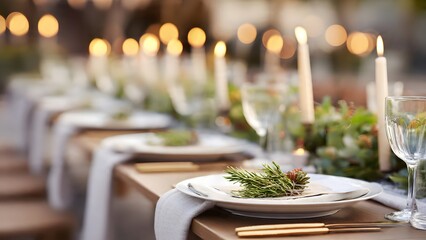 An elegant close-up of a rustic dinner table setting outdoors at sunset, featuring white plates, linen napkins, glowing candlelight, fresh rosemary accents, and warm, magical bokeh lights.