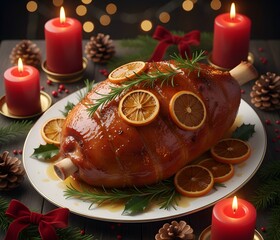 A perfectly glazed holiday ham, garnished with aromatic rosemary and candied orange slices, is presented on a white plate, surrounded by flickering red candles and festive Christmas decorations.
