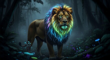 Wild big cat king in the night sky, a cute portrait of a feline mammal with a mane