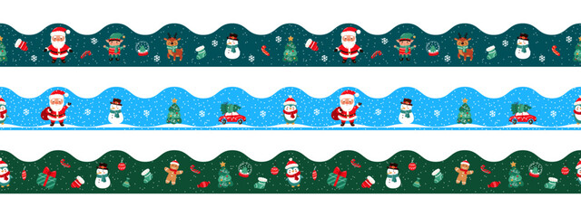 A set of seamless New Year and Christmas border stickers for decorating school boards and furniture. Santa Claus and a snowman, snowflakes, and a Christmas tree. Vector illustration.
