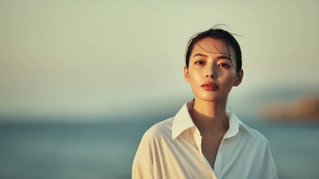 女性が白オーバーシャツで海を背景に佇む