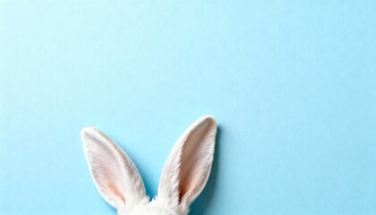 Cute white rabbit ears peeking up from the bottom. Happy Easter bunny on a minimal blue background with copy space for text