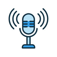 Illustration of a microphone broadcasting radio waves on black background.