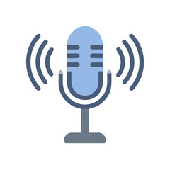 Blue microphone with sound waves emitting on a black background for podcasting
