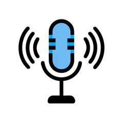 Simple blue microphone icon illustration on black background for podcasting graphic
