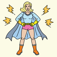 Confident blonde female superhero illustration with lightning bolts and flowing cape pose