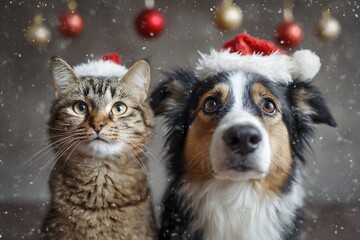 Obraz premium Festive Dog and Tabby Cat Wearing Santa Hats, Close-up Winter Portrait with Falling Snow and Blurred Christmas Ornaments and Baubles for Holiday Cards.
