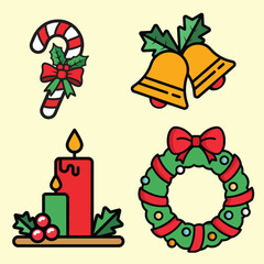 Festive Christmas Icons Candy Cane, Bells, Candle & Wreath