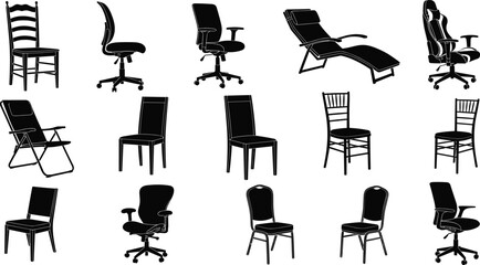 Diverse Chair Furniture Silhouettes Collection, Vector Art of Office, Dining, Lounge, and Gaming Chairs in Various Styles for Interior Design and Home Furnishing Graphic Isolated.
