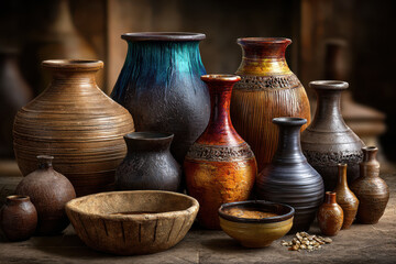 Colorful pottery collection arranged on a wooden surface under soft lighting