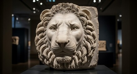 Ancient white marble lion sculpture head statue at a church entrance