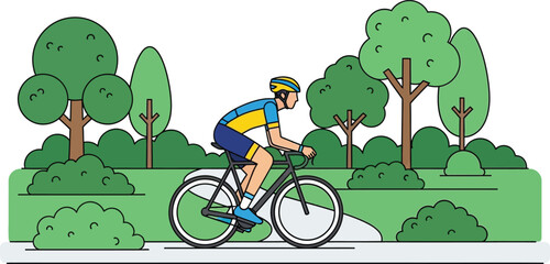 Cyclist in full motion riding a bicycle through a lush green park with tall trees and dense bushy foliage on a sunny day isolated on white background