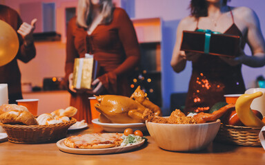 Festive Office Christmas Party with Delicious Food. A beautifully decorated office space with Christmas trees and festive lights, set up for a holiday party.