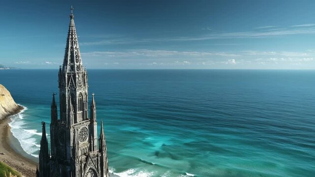Ultra HD Aerial view of a gothic cathedral spire towering over a turquoise ocean and blue sky horizon video