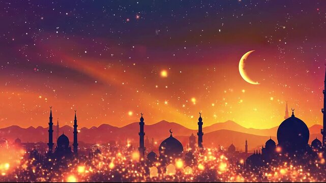 A silhouetted city with mosques against a vibrant starry twilight sky with a crescent moon and glowing lights