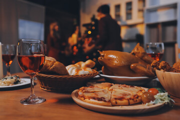 Festive Office Christmas Party with Delicious Food. A beautifully decorated office space with Christmas trees and festive lights, set up for a holiday party.