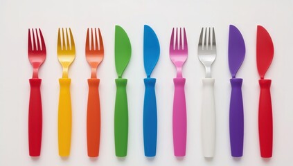 Colorful plastic cutlery set arranged in row on white background featuring forks and knives in red, yellow, orange, green, blue, pink, white, purple