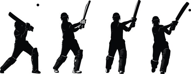 Cricket batting sequence silhouette—vector of four action phases with bat, ball, helmet, gloves, and pads