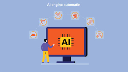 AI engine automating email, content creation, chat responses, and cloud workflows on a digital workspace, enabling office employees to boost productivity using smart mobile tools