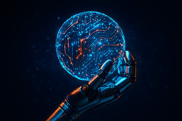 AI Control: Robot Hand Holding Digital Circuit Globe: Emphasizes AI control and the central object.