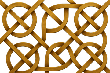 Golden celtic knot pattern creating an interwoven labyrinth design with traditional elements, transparent background