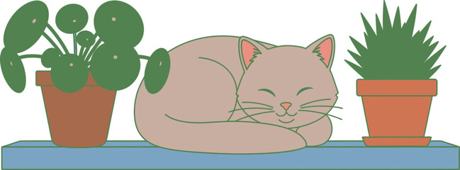Cozy tabby cat napping peacefully on a shelf surrounded by potted houseplants a charming and relaxing scene isolated on white background