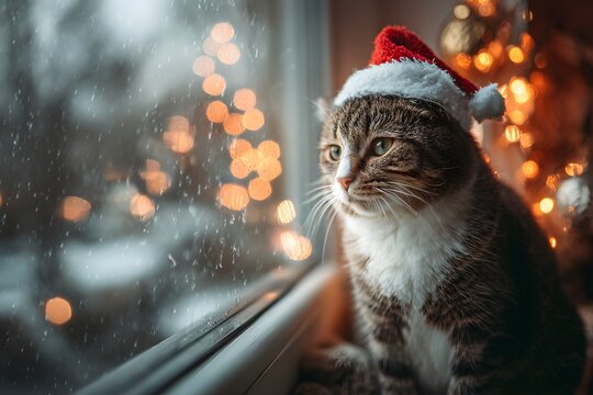 Tabby cat in a Santa hat sitting by a window, watching the snowy/rainy winter weather outside, complemented by warm Christmas bokeh lights, creating a cozy holiday mood. - Powered by Adobe