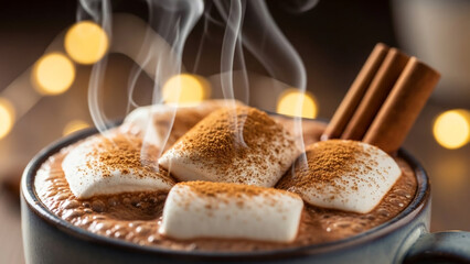Steaming hot chocolate with toasted marshmallows and cinnamon stick