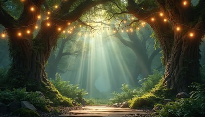 Fairy tale woodland landscape photo. Sun rays illuminate forest path with ferns, moss. Magical light leaks through trees decorated with garlands. Nature background concept for fantasy design,