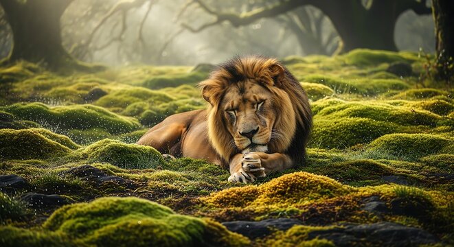 Majestic male lion portrait with flowing mane in the wild grass, a powerful feline carnivore, king of the safari, big cat predator - Powered by Adobe
