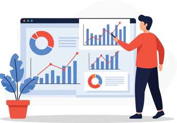 Business analyst presenting financial data charts and graphs on digital screen for strategic decision making and market analysis isolated on white background
