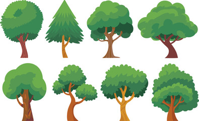 Stylized cartoon tree illustration set featuring diverse trunk textures and foliage shapes for nature, design, and educational themes.
