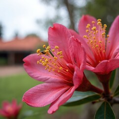 Fototapeta premium Pink flowering gum tree closeup shows insect on vibrant petals and yellow stamens. Blurred background with house and green grass indicates garden setting.