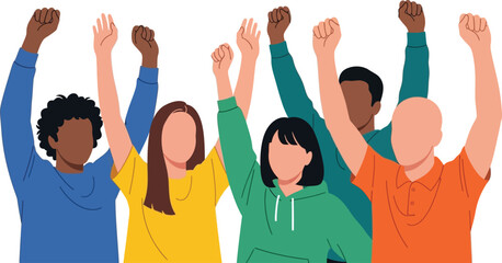 Diverse group of people with raised arms celebrating success showing unity and teamwork in a vibrant display of togetherness and achievement isolated on white background