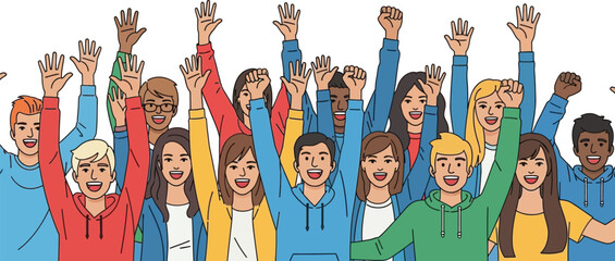 Diverse group of happy people raising hands cheering celebrating together joyful celebration unity and success atmosphere isolated on white background