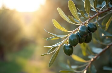 Green olives ripen on a branch in an olive grove bathed in warm sun. Olive tree leaves and fruit hang closely together. Soft golden light filters through the foliage creating a peaceful scene.