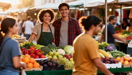 couple running fruit and vegetable stand at busy street market