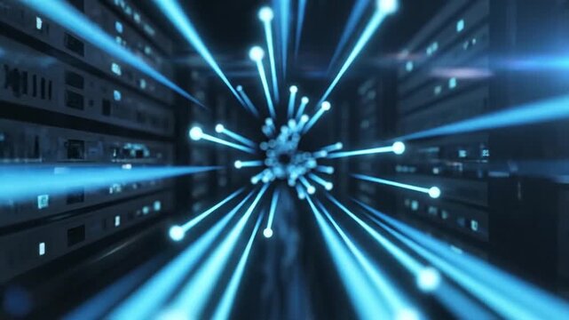 Smooth synchronized lines flowing like a data stream in a server room on dark background, cinematic neon network and IT tech data flow abstract background
