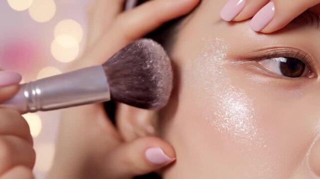 Close-up of a person applying highlighter on the cheekbone with a makeup brush, soft bokeh background