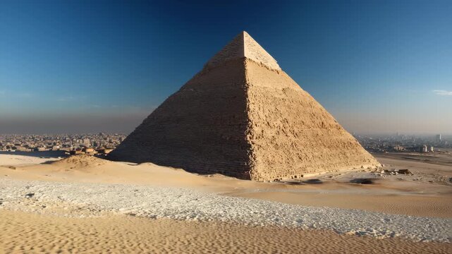 Ultra HD Closeup view of the pyramid of khafre in giza desert with cairo city skyline visible in the hazy background under a clear blue sky video
