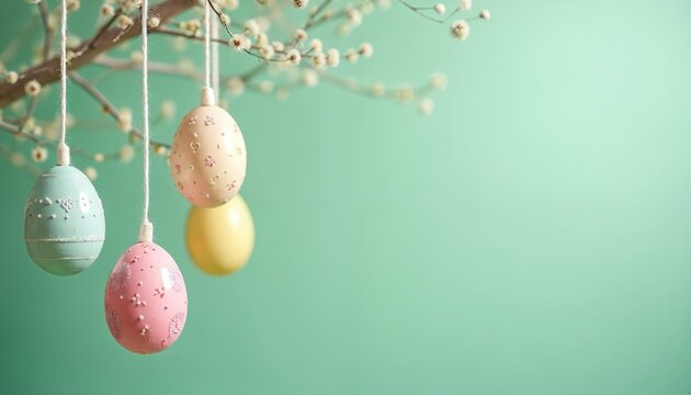 Pale colored Easter eggs hang on tree branches against a soft light green background. Pastel spring decorations await festive celebration. Copy space available for greeting cards.